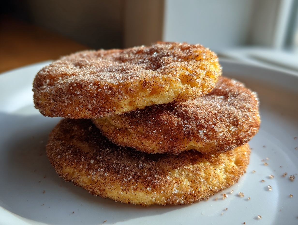 Close-up of three golden churro cookies stacked on a white plate, heavily coated in cinnamon sugar.
