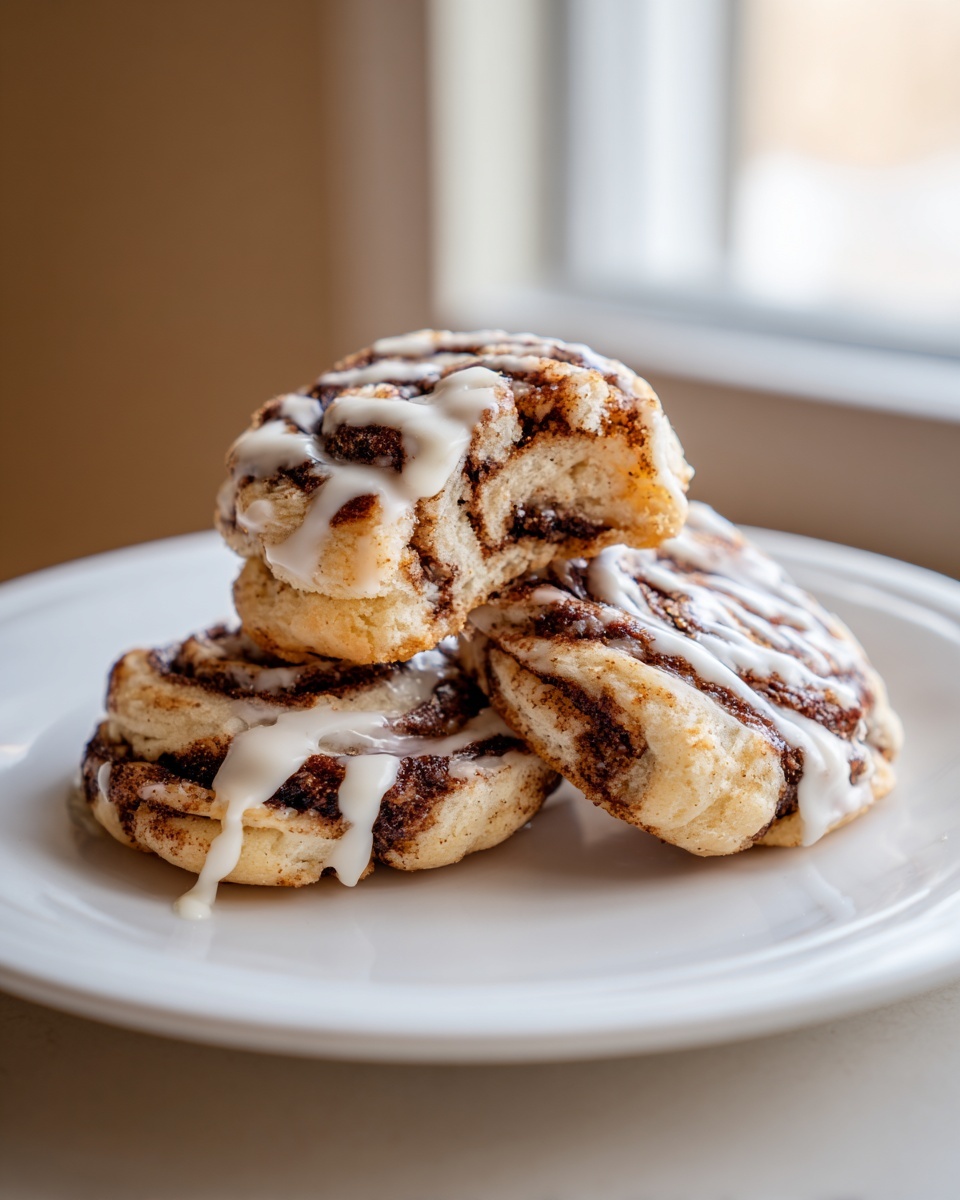 Three delicious cinnamon roll cookies stacked on a white plate, drizzled with white icing.