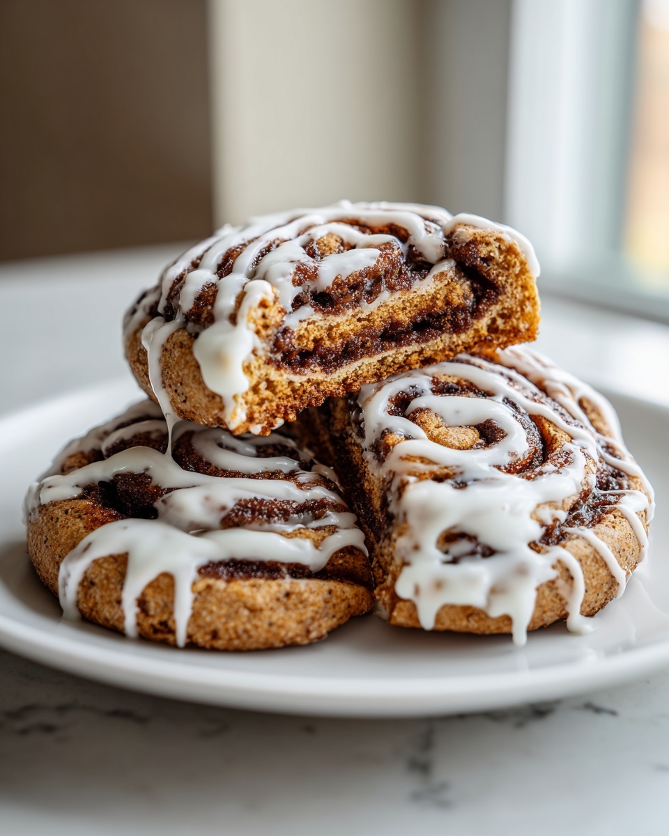 Three stacked cinnamon roll cookies drizzled heavily with white icing, one cookie is cut open showing the swirl.