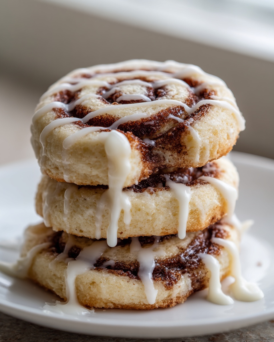A vertical stack of three delicious cinnamon roll cookies drizzled with white icing.