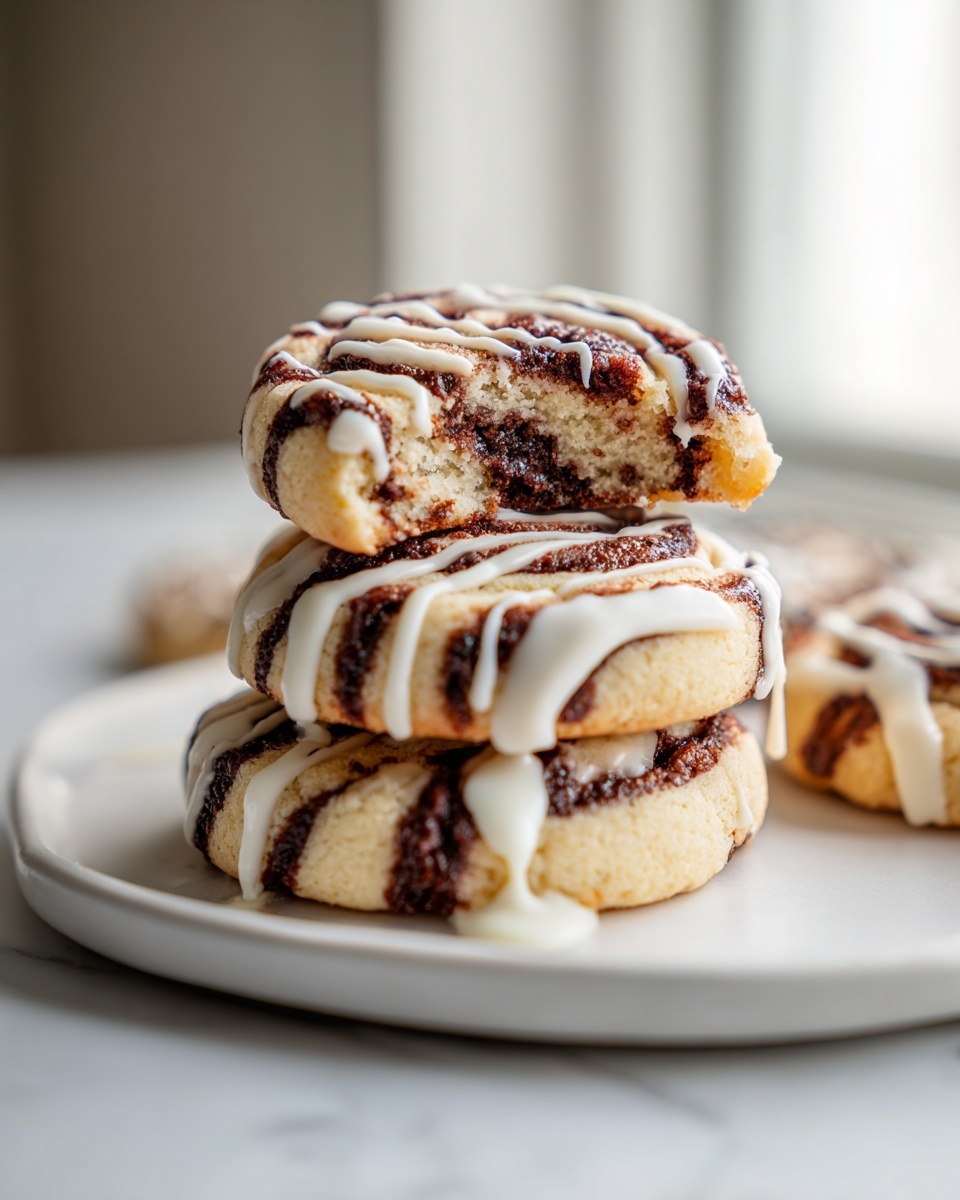 A stack of three soft cinnamon roll cookies drizzled with white icing, one cookie has a bite taken out.