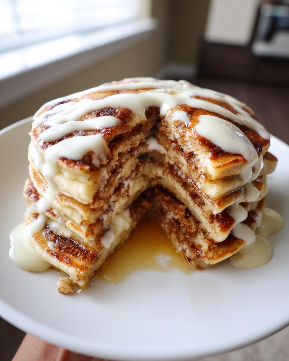 A tall stack of cinnamon roll pancakes, cut open to show the layers, drizzled heavily with white icing.