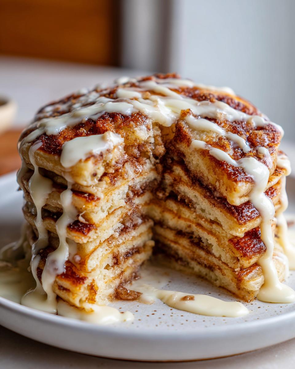 A tall stack of cinnamon roll pancakes cut open to show layers, drizzled heavily with white cream cheese glaze.