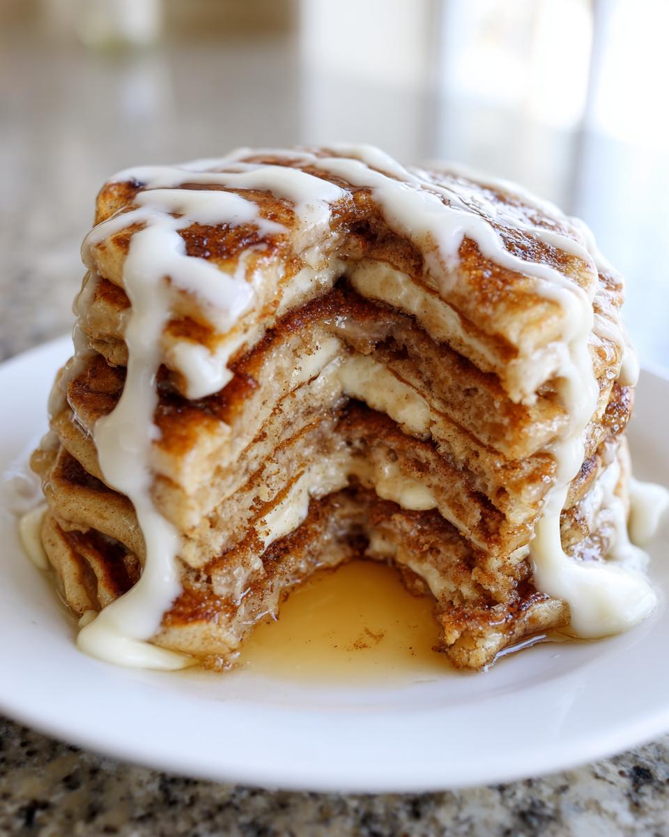 A tall stack of cinnamon roll pancakes cut open to show layers, drizzled heavily with white icing.