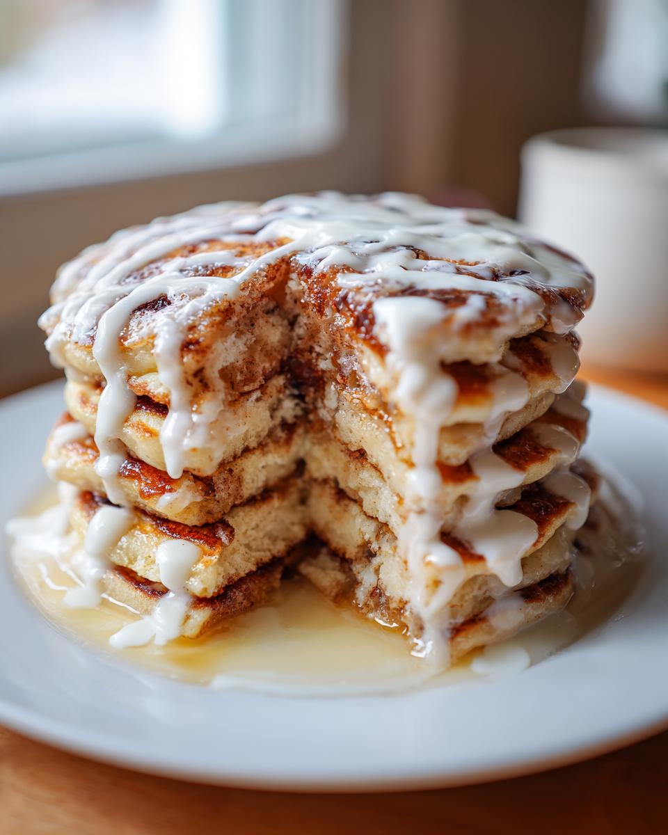 A tall stack of fluffy cinnamon roll pancakes cut open, drizzled heavily with white icing and syrup.