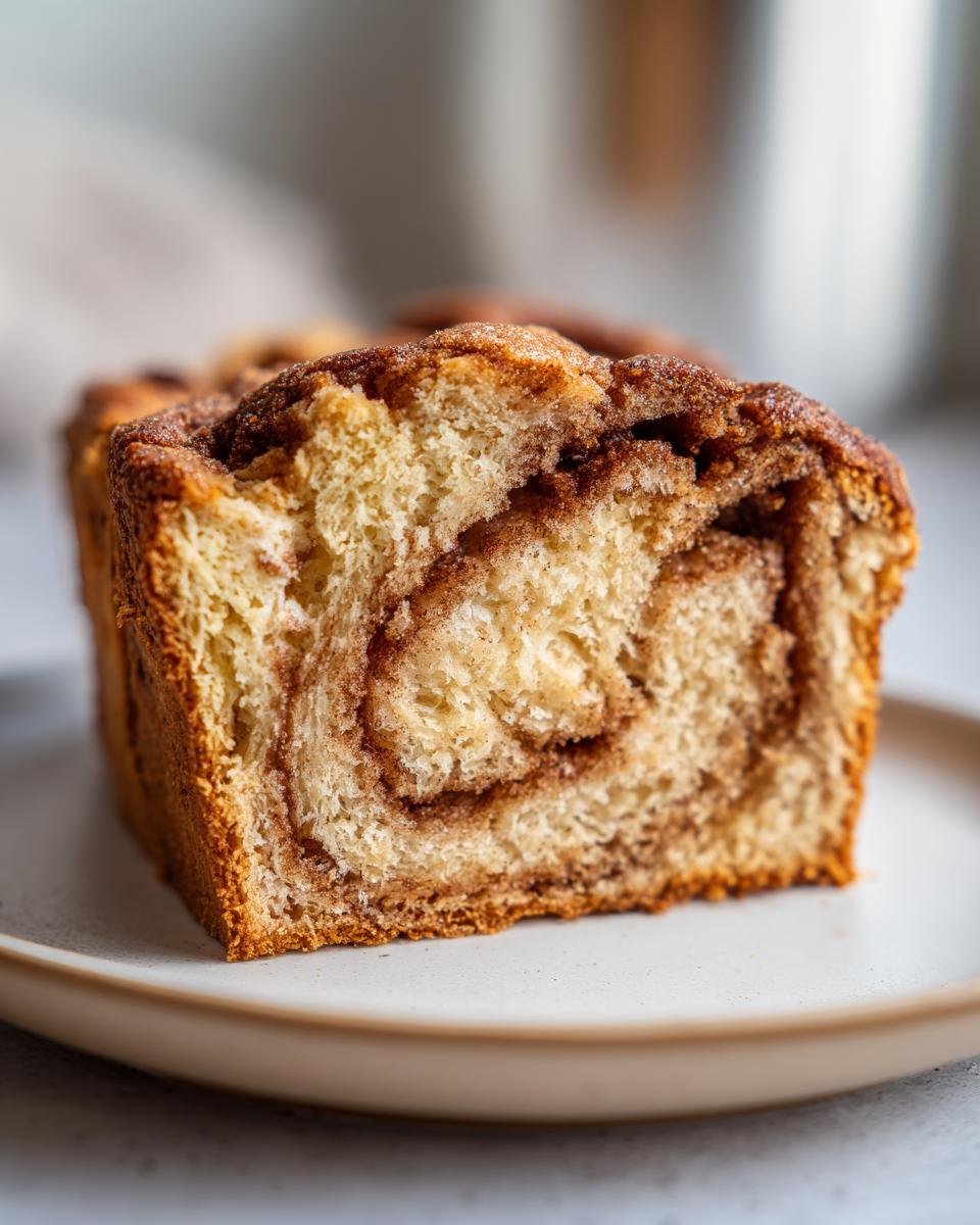 Close-up of a thick slice of moist cinnamon swirl bread showing the beautiful, tight cinnamon sugar spiral.