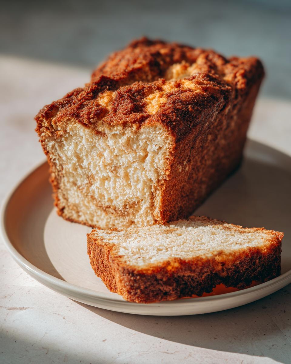 A loaf of cinnamon swirl bread sliced on a plate, showing the soft interior and cinnamon swirl.