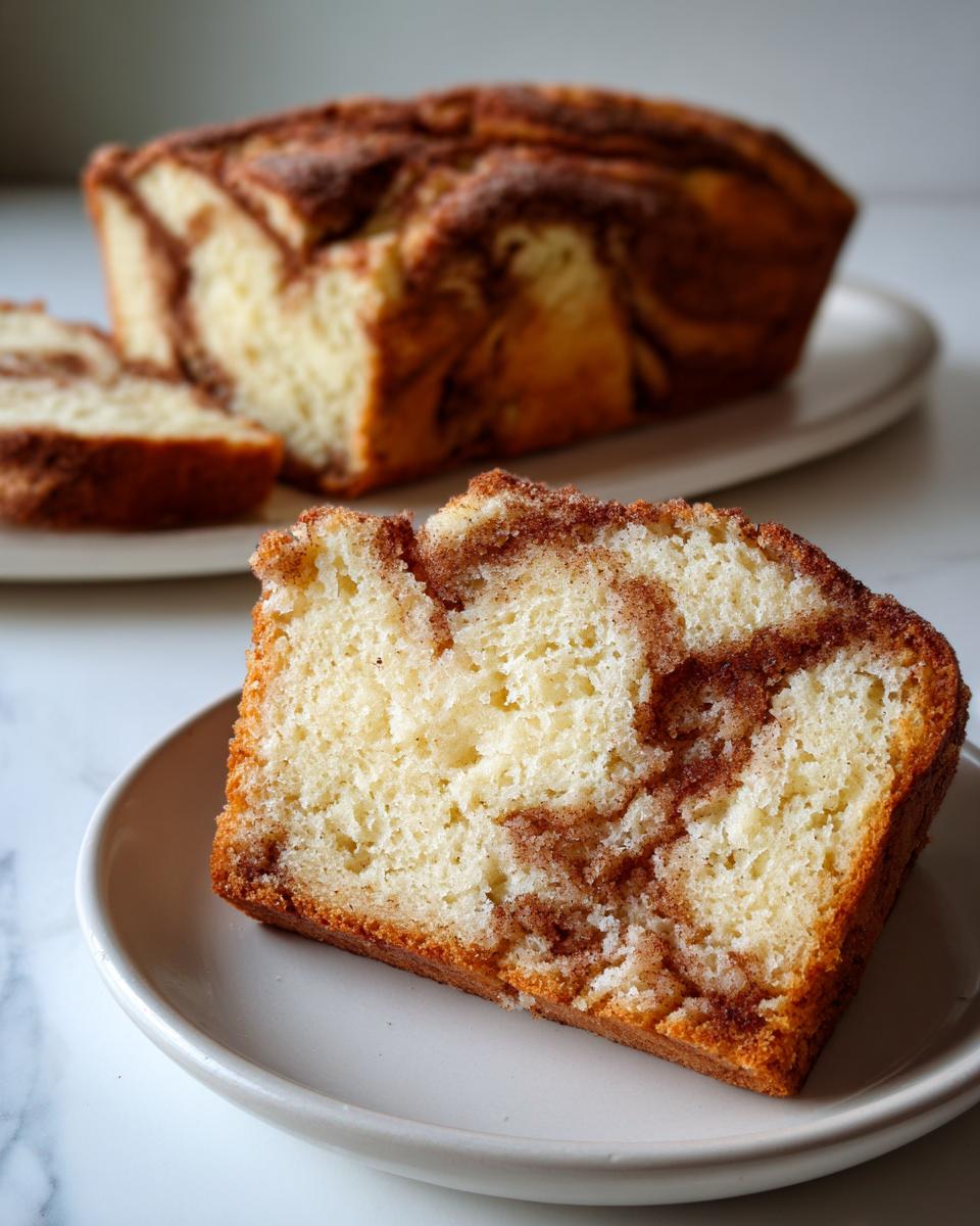 Close-up of a moist slice of cinnamon swirl bread showing rich brown cinnamon filling against the light yellow crumb.
