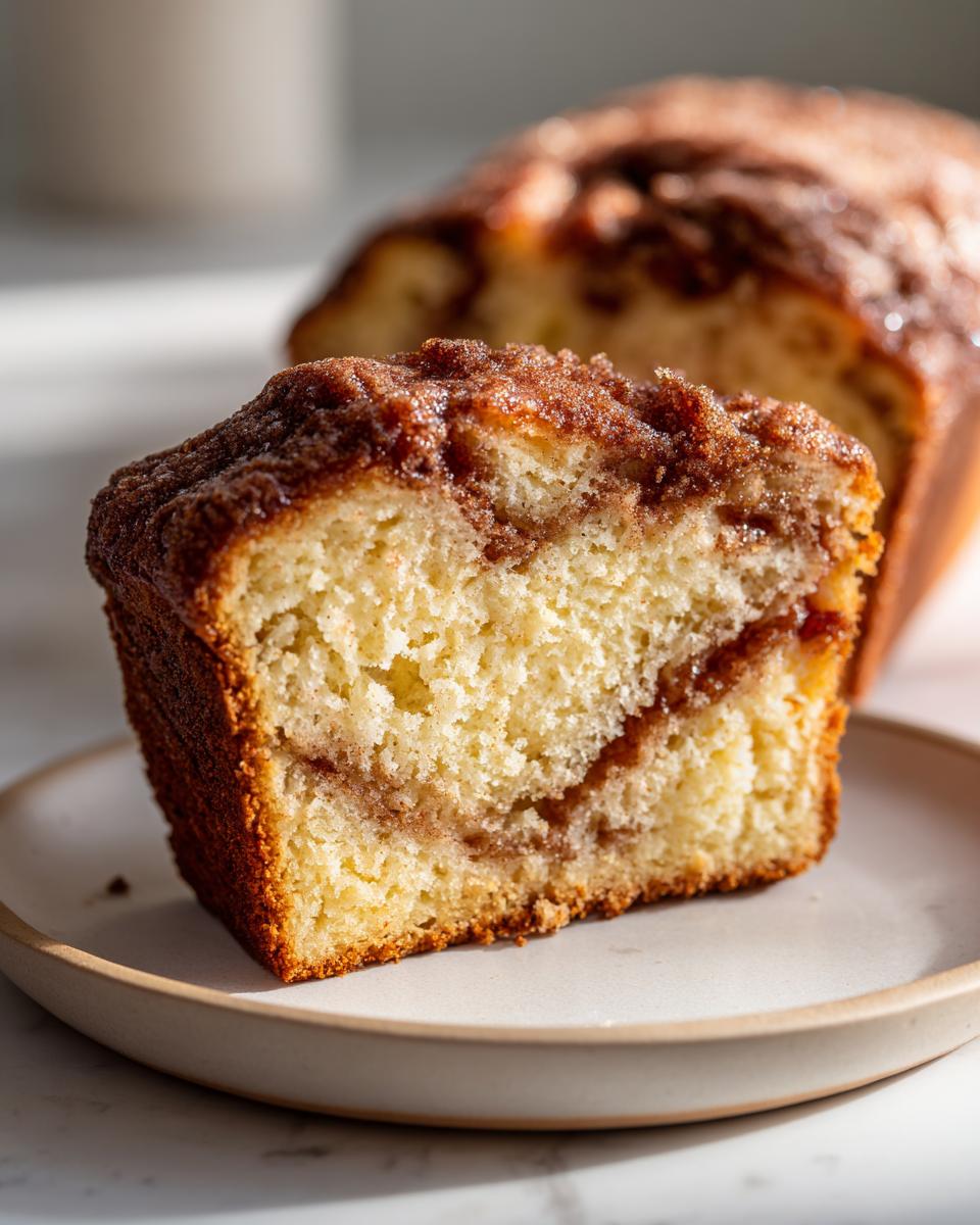Close-up of a thick slice of moist cinnamon swirl bread with a rich cinnamon topping, sitting on a small plate.
