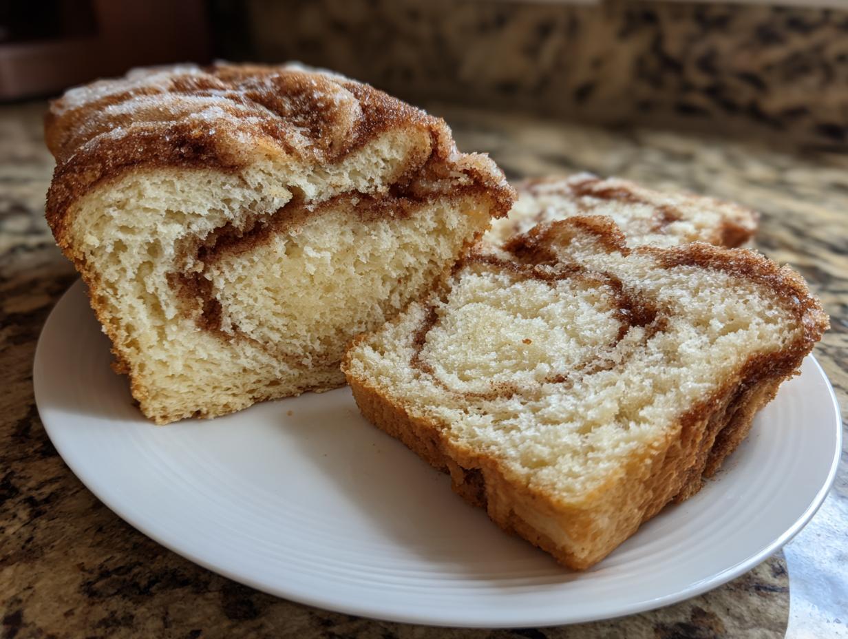 Close-up of two thick slices of soft cinnamon swirl bread showing the rich interior swirl.