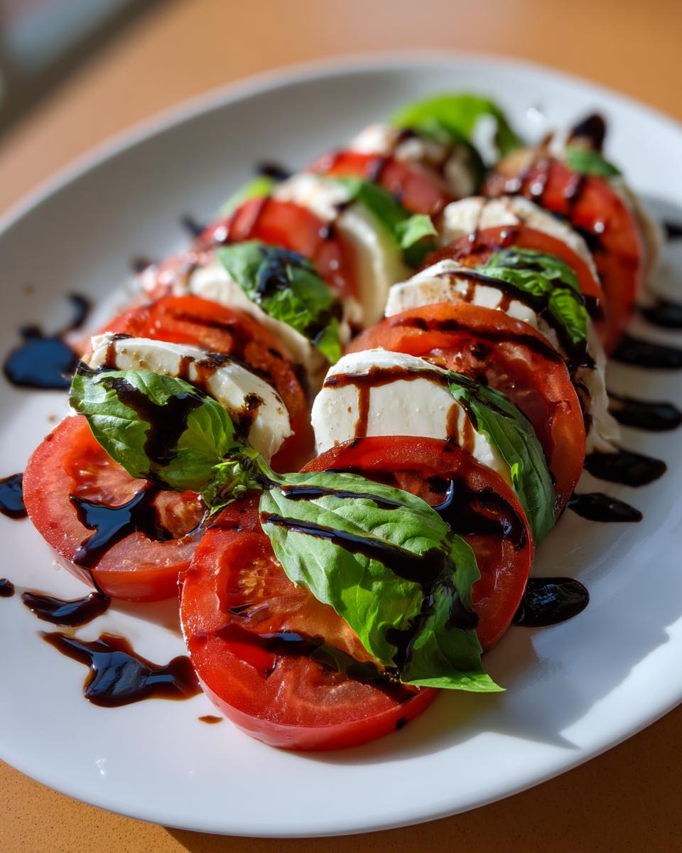 Arrangement of sliced tomatoes, fresh mozzarella, and basil leaves making a caprese salad, drizzled with balsamic glaze.