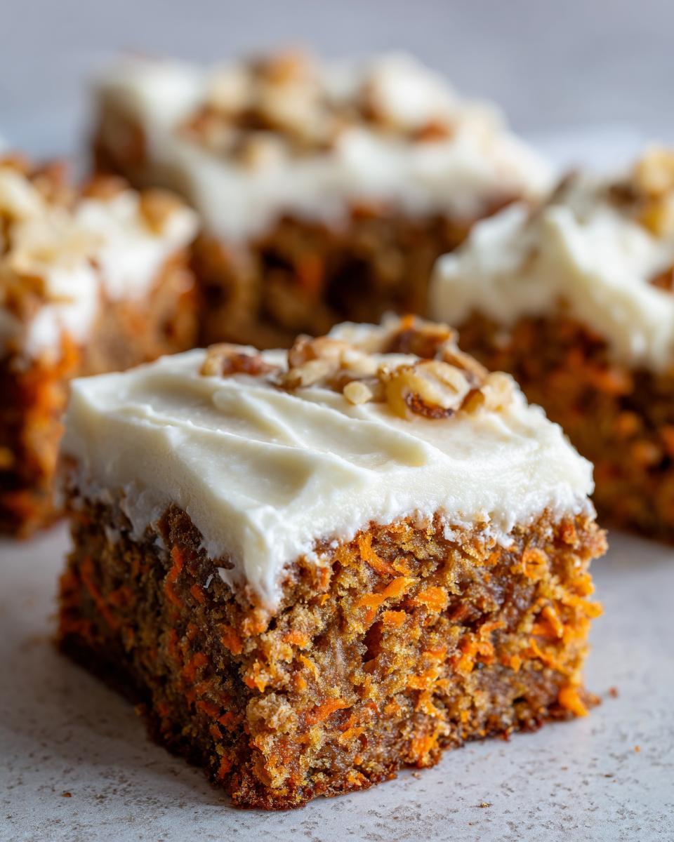 A close-up of a square piece of moist carrot cake bars topped with thick cream cheese frosting and chopped walnuts.