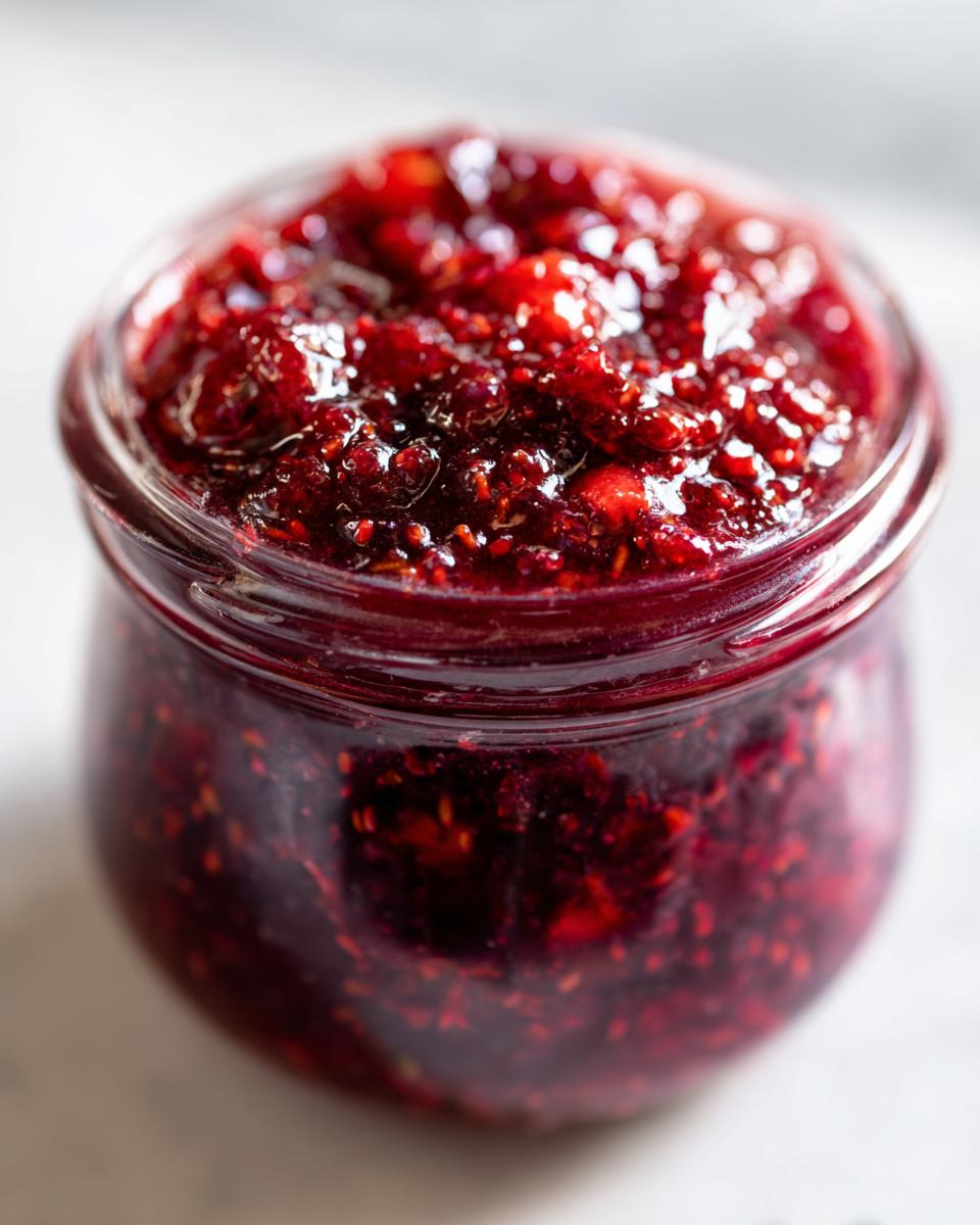 A close-up shot of chunky, deep red homemade christmas jam filling a small glass jar.