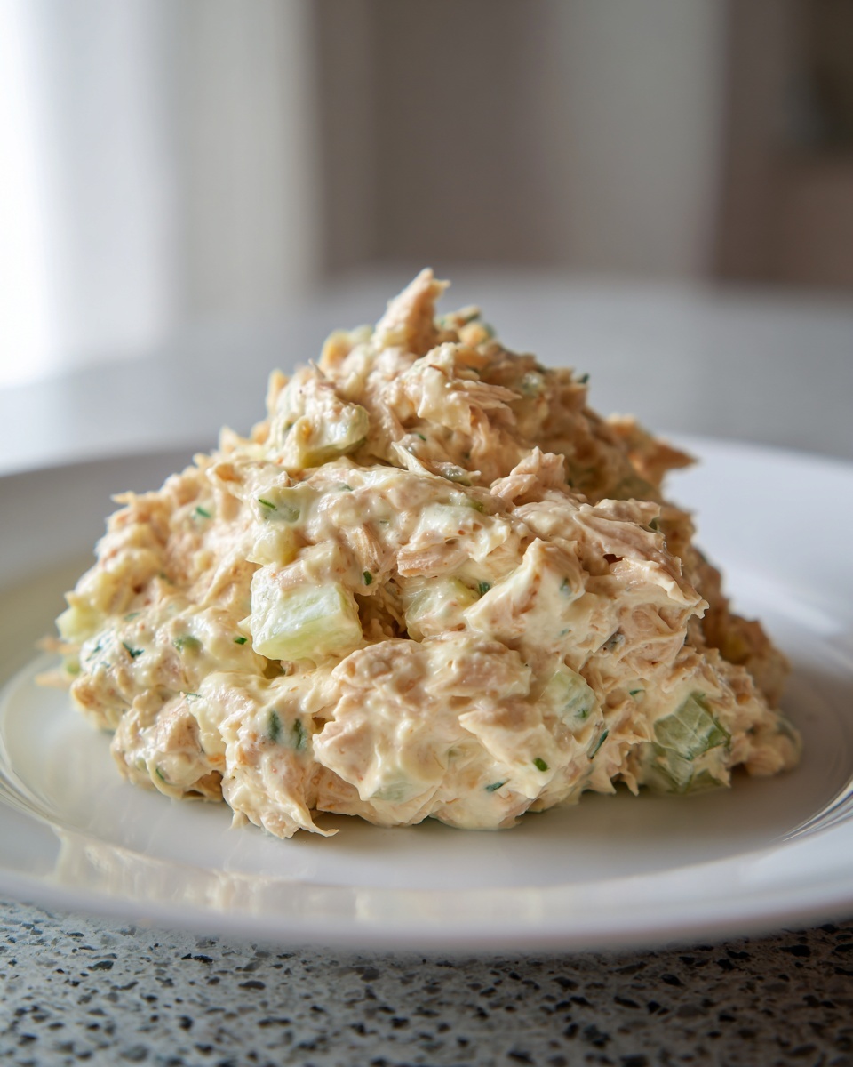 A mound of creamy cottage cheese tuna salad mixed with diced celery served on a white plate.