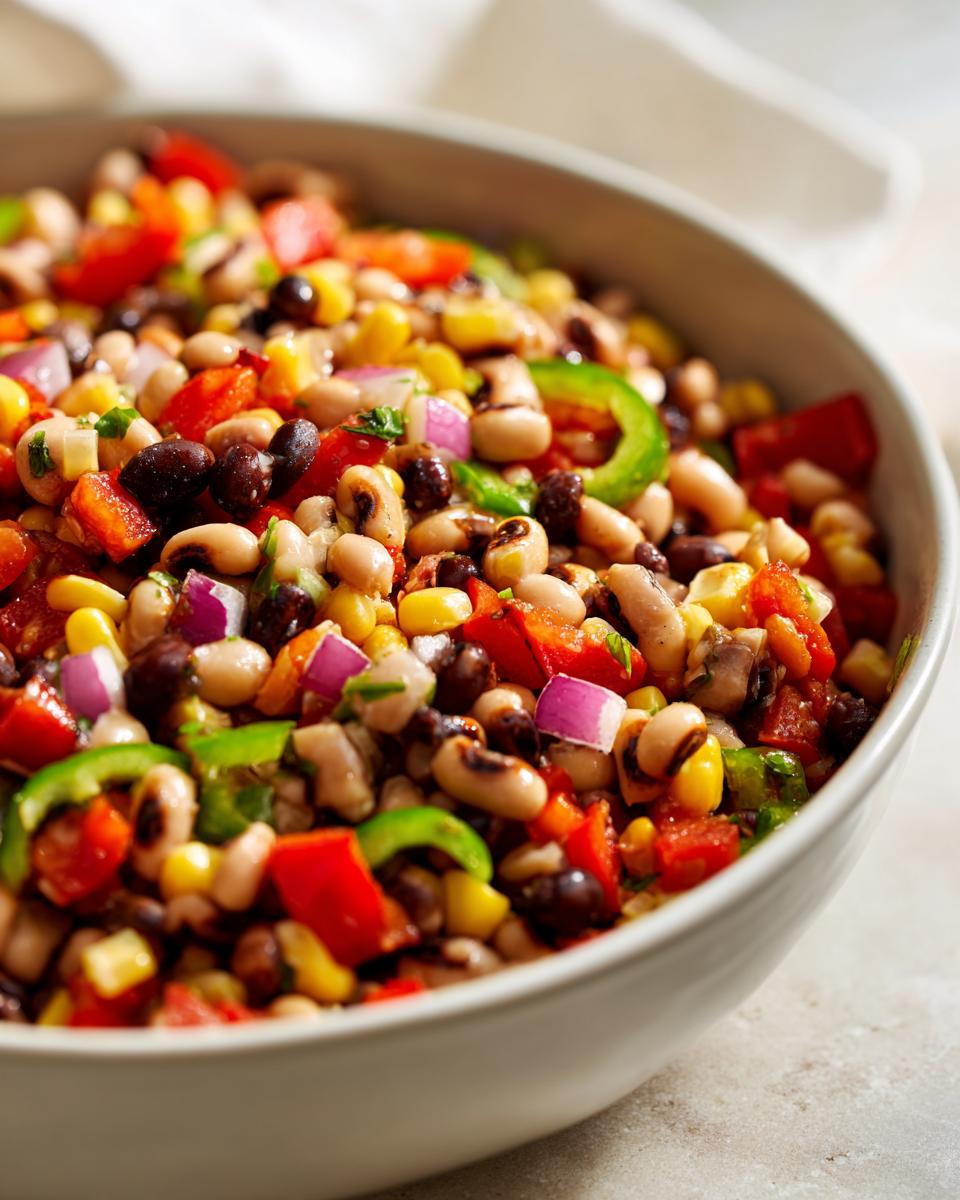 Close-up of a bowl filled with colorful Cowboy Caviar recipe ingredients including black-eyed peas, corn, and red peppers.