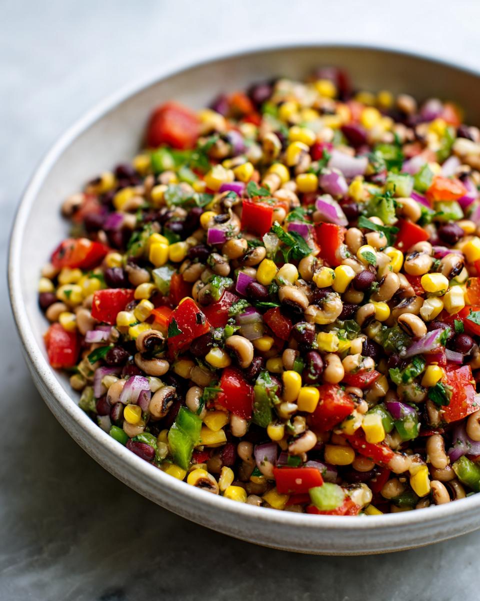 Close-up of a vibrant cowboy caviar recipe featuring black-eyed peas, corn, red onion, and bell peppers.
