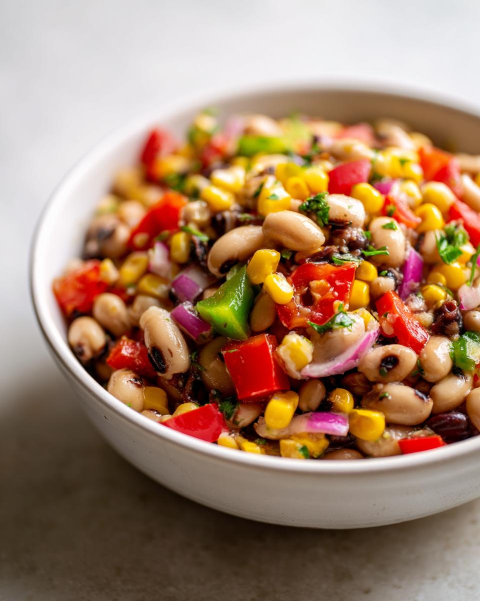 Close-up of a vibrant cowboy caviar recipe dip featuring black-eyed peas, corn, red peppers, and red onion.