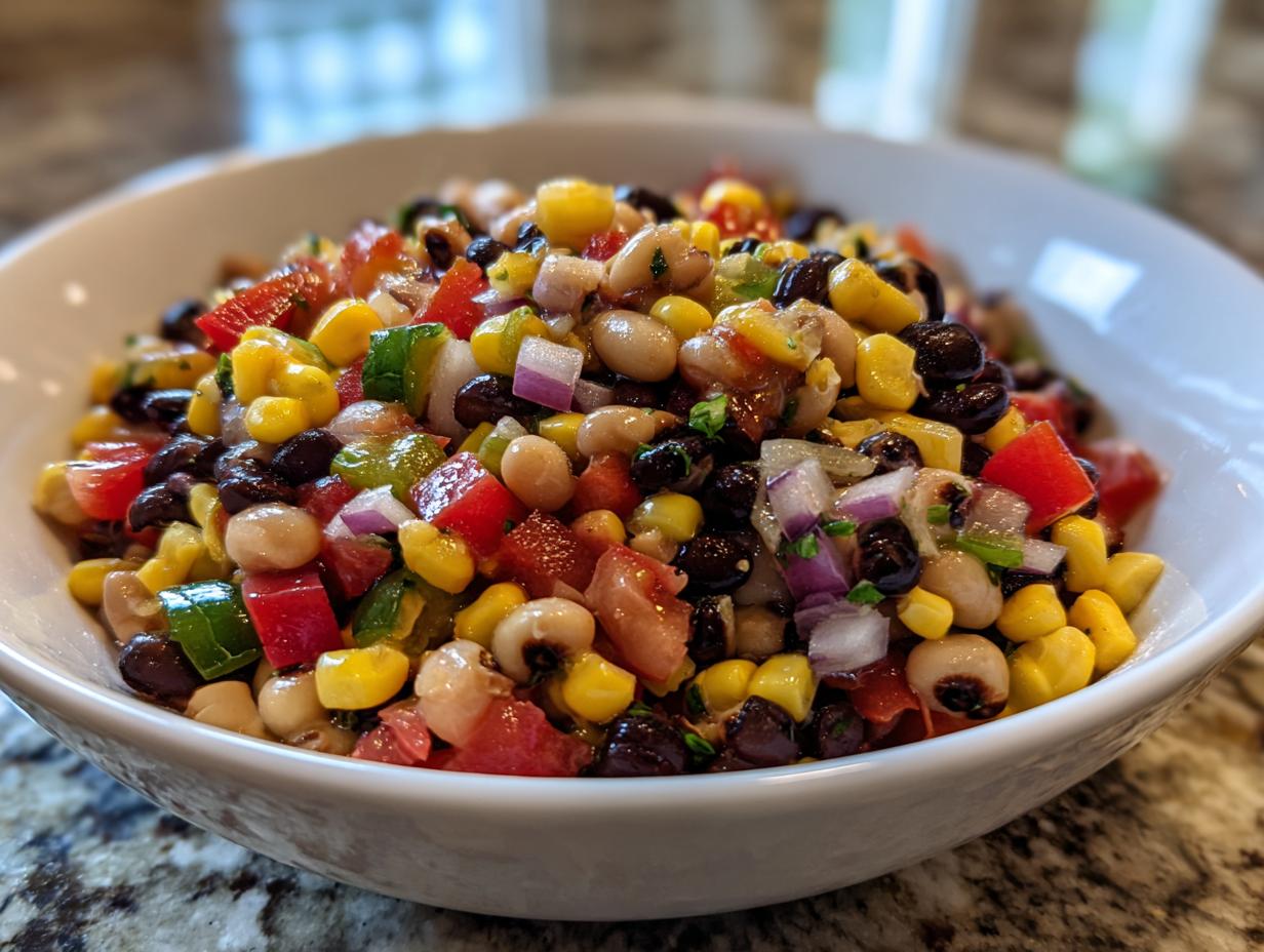 Close-up of fresh Cowboy Caviar recipe featuring black beans, corn, tomatoes, and red onion in a white serving bowl.