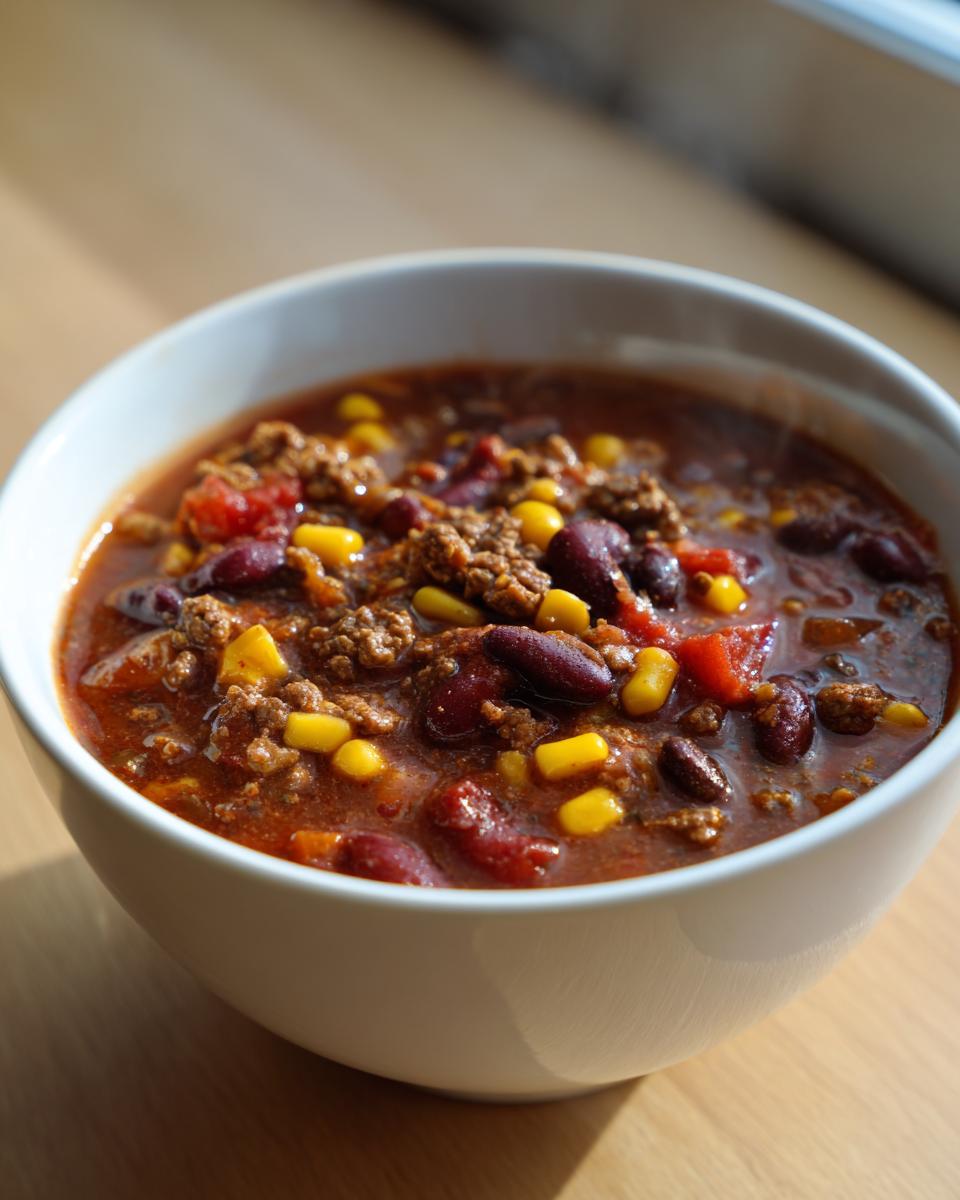 Close-up of a steaming white bowl filled with rich cowboy soup containing ground beef, kidney beans, and corn.