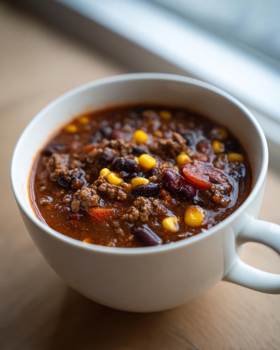Close-up of a white mug filled with rich cowboy soup featuring ground meat, kidney beans, and corn.