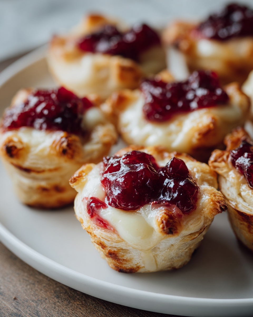 Close-up of freshly baked cranberry brie bites made with flaky pastry and topped with rich cranberry sauce.