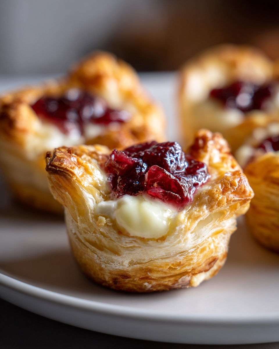 Close-up of a baked cranberry brie bites appetizer showing flaky pastry, melted brie, and cranberry topping.