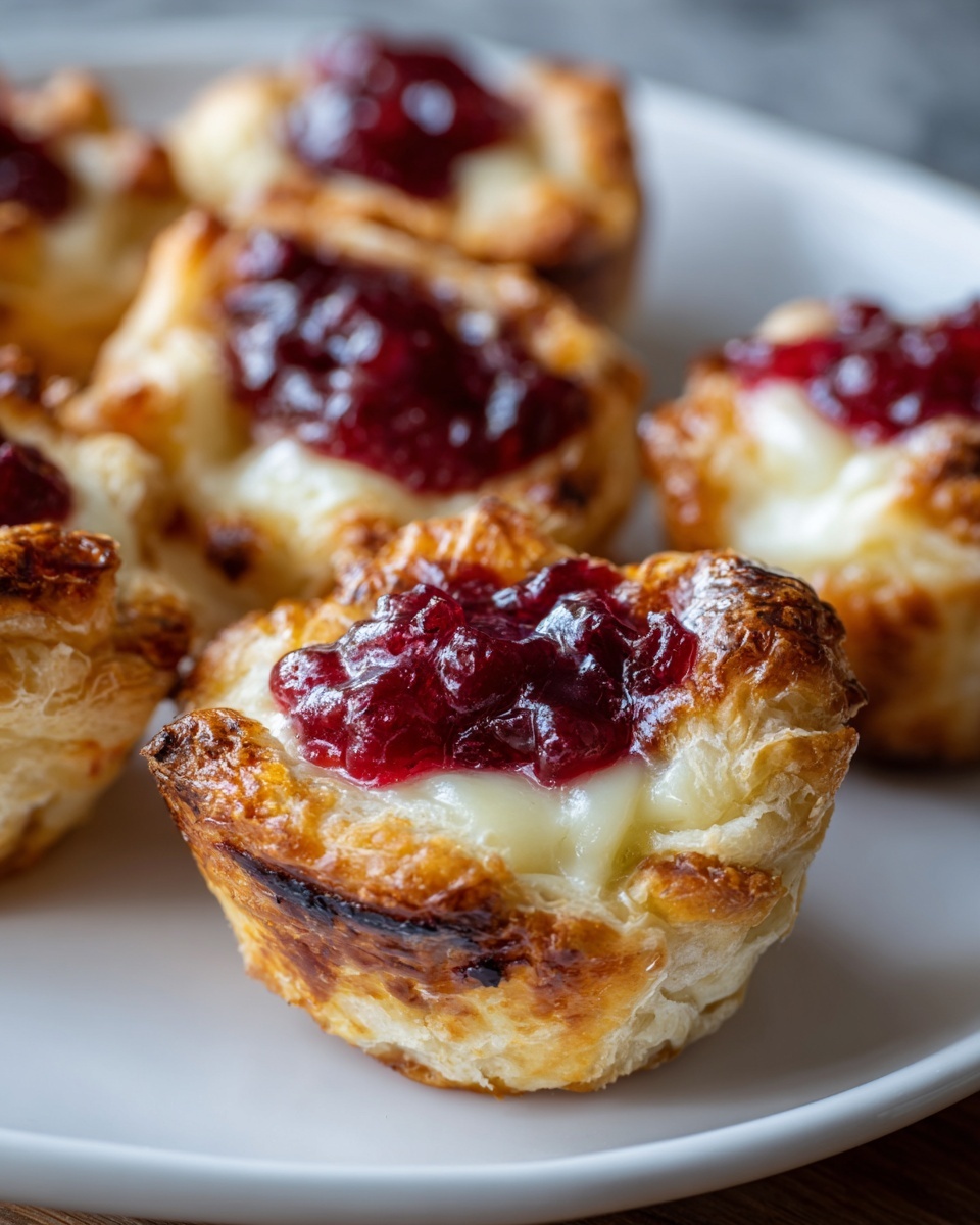 Close-up of baked cranberry brie bites showing flaky pastry, melted brie, and tart cranberry topping.