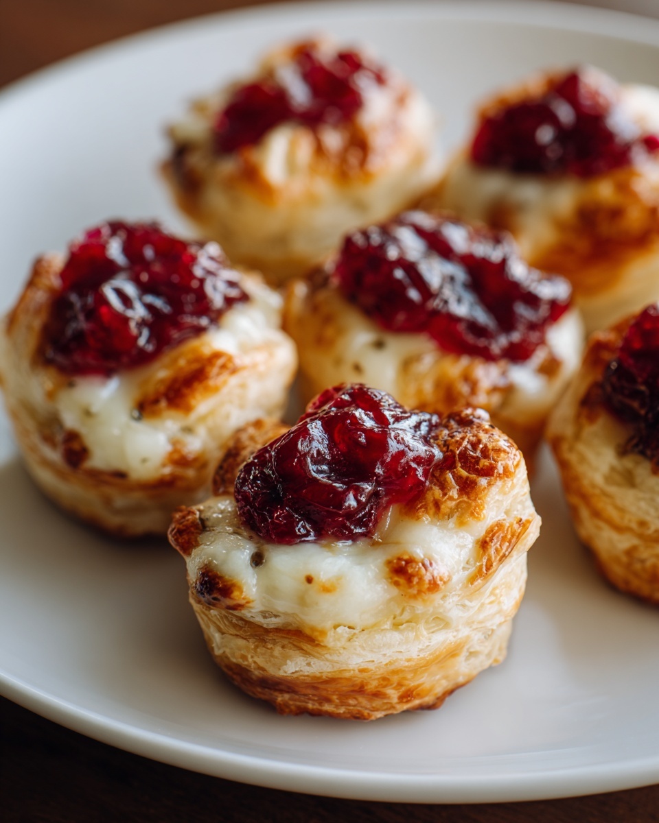 Close-up of baked cranberry brie bites featuring flaky pastry, melted brie, and a dollop of cranberry sauce.