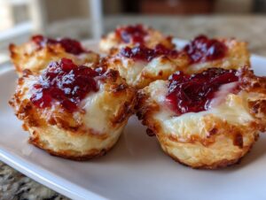 Close-up of baked cranberry brie bites featuring flaky pastry, melted brie, and a dollop of dark red cranberry topping.