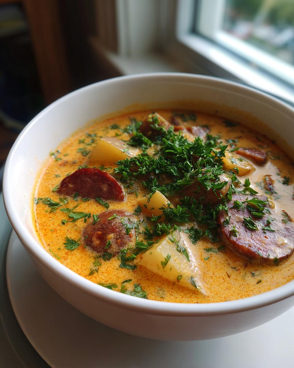 A close-up of creamy Cajun potato soup featuring chunks of potato and slices of sausage, topped with fresh parsley.