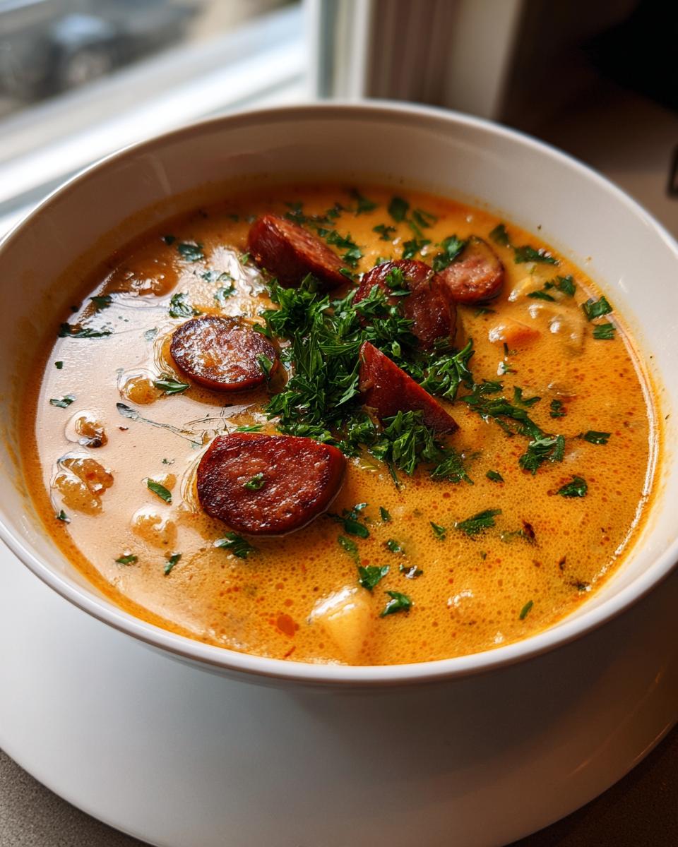 Close-up of creamy Cajun potato soup topped with slices of browned sausage and fresh parsley.