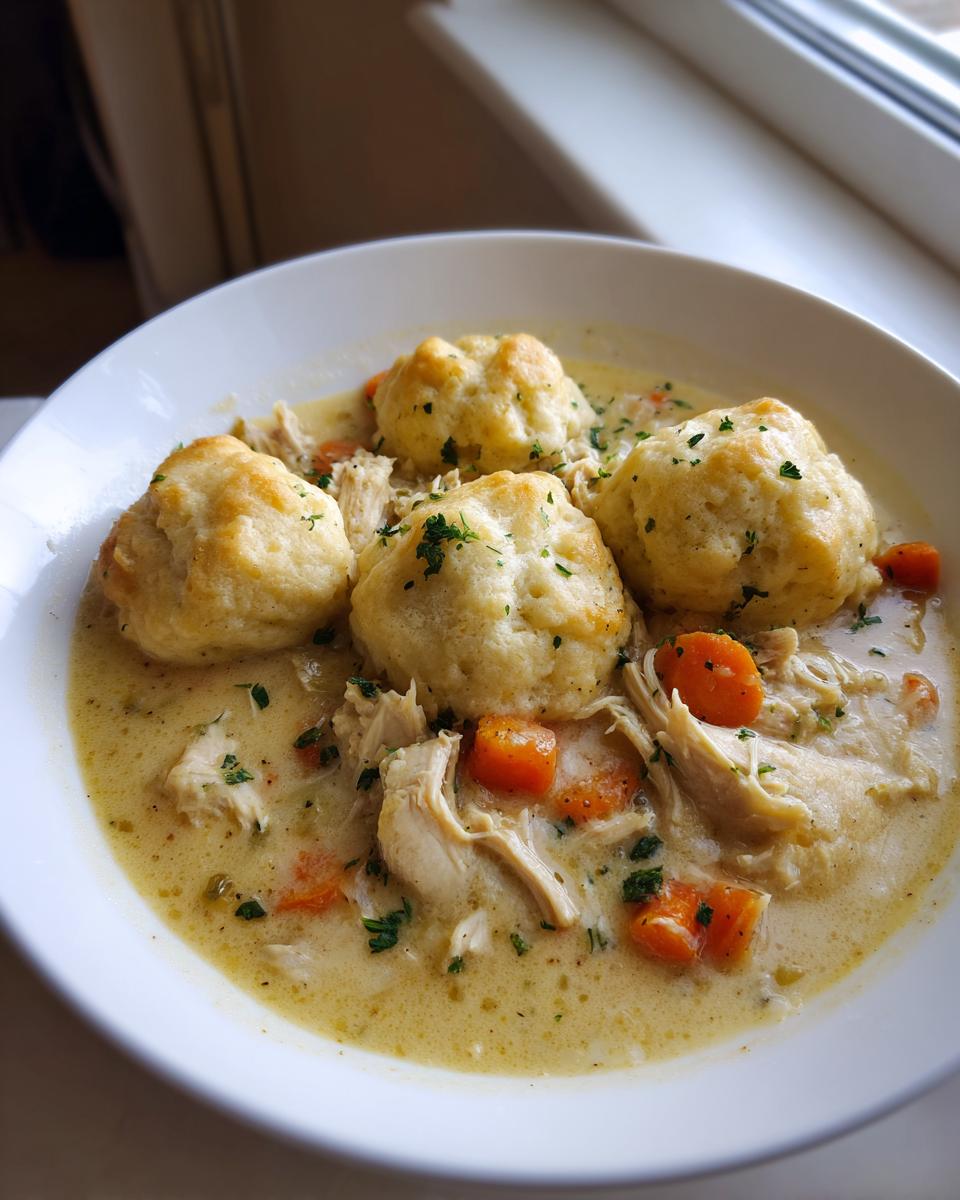A close-up of a white bowl filled with creamy chicken and dumpling, featuring shredded chicken, carrots, and fluffy dumplings.