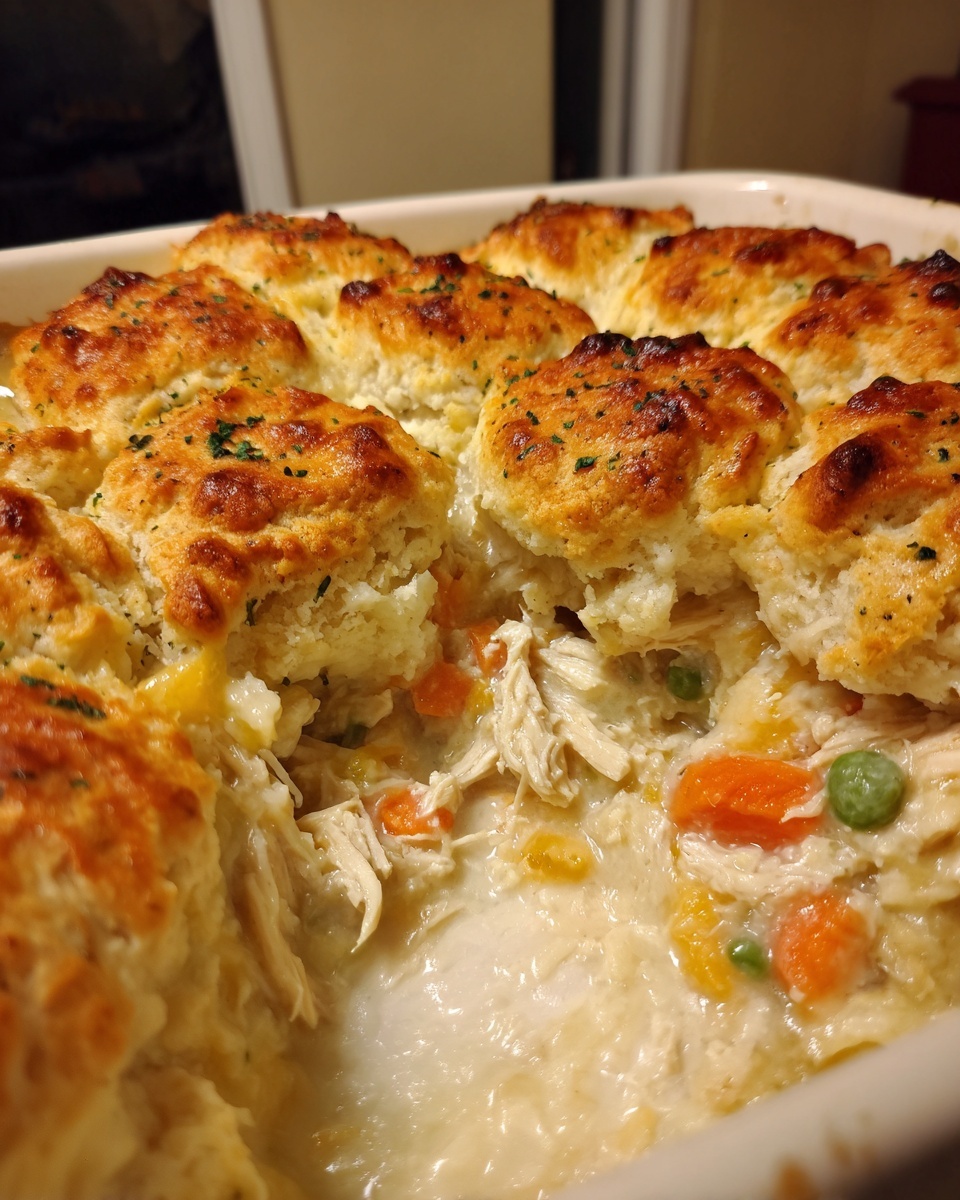 A scoop taken out of a creamy chicken pot pie revealing shredded chicken, carrots, and peas under golden biscuits.