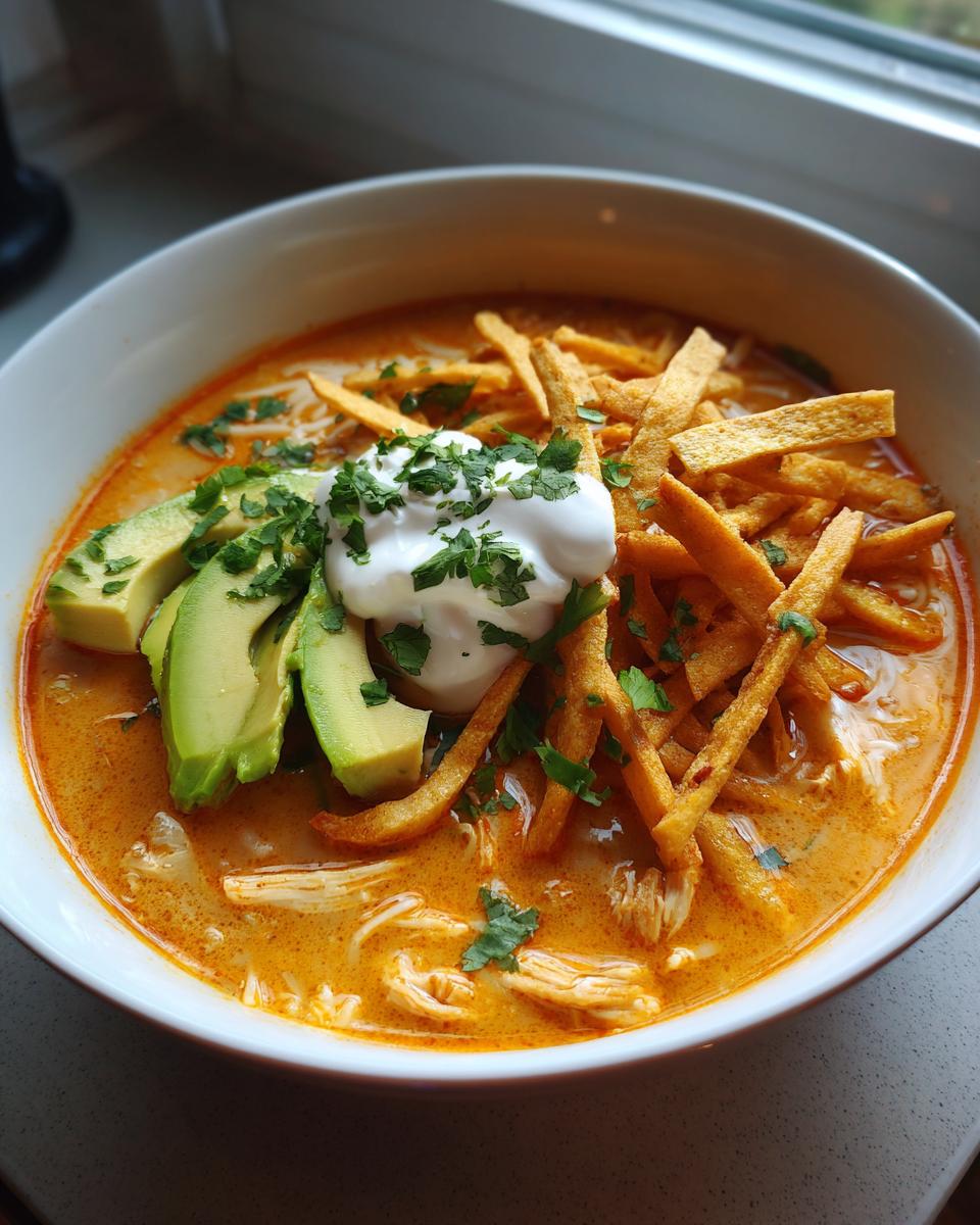 A close-up of a bowl of creamy, orange-hued chicken tortilla soup topped with avocado slices, sour cream, and crispy tortilla strips.