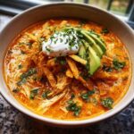 Close-up of creamy chicken tortilla soup topped with crispy tortilla strips, sour cream, avocado slices, and cilantro.