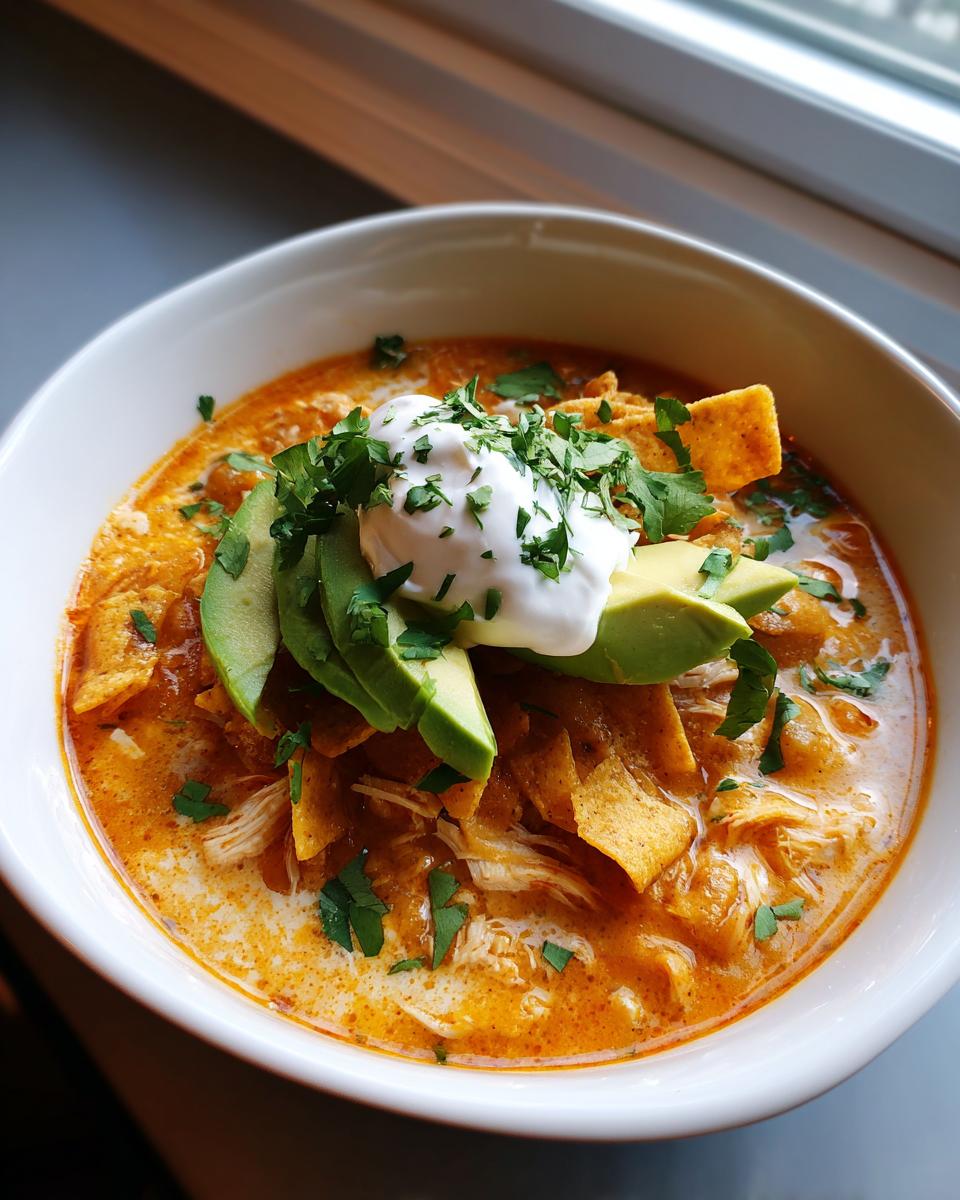 A bowl of creamy, orange-hued chicken tortilla soup topped with avocado slices, sour cream, and cilantro.