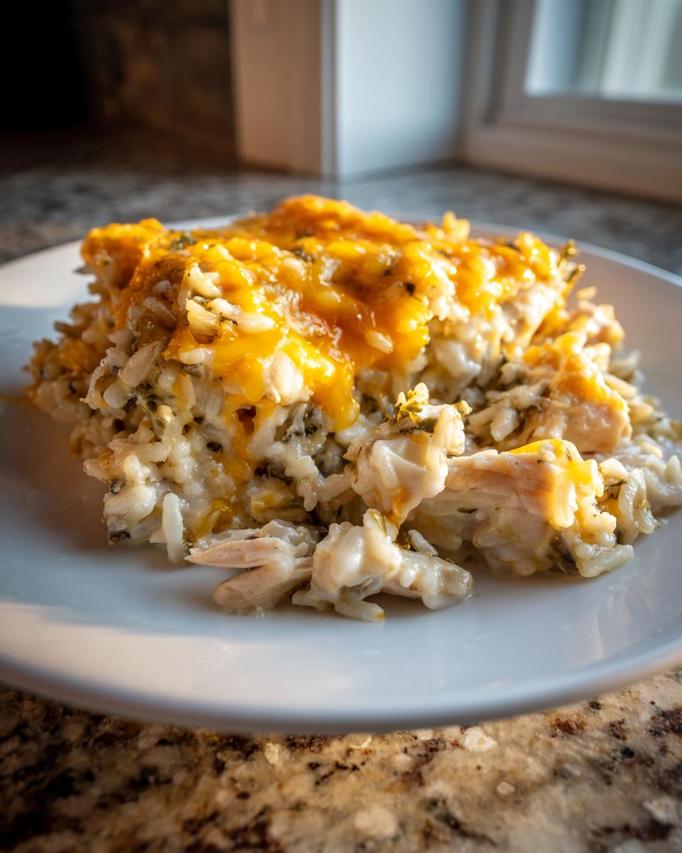 A close-up serving of creamy chicken wild rice casserole topped with melted cheddar cheese.