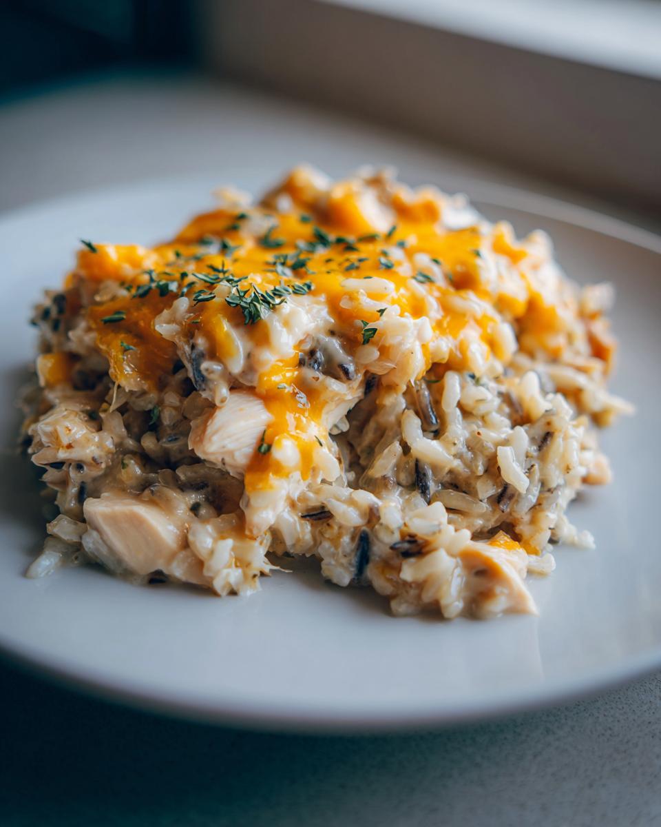 A scoop of creamy chicken wild rice casserole topped with melted cheddar cheese and fresh herbs.