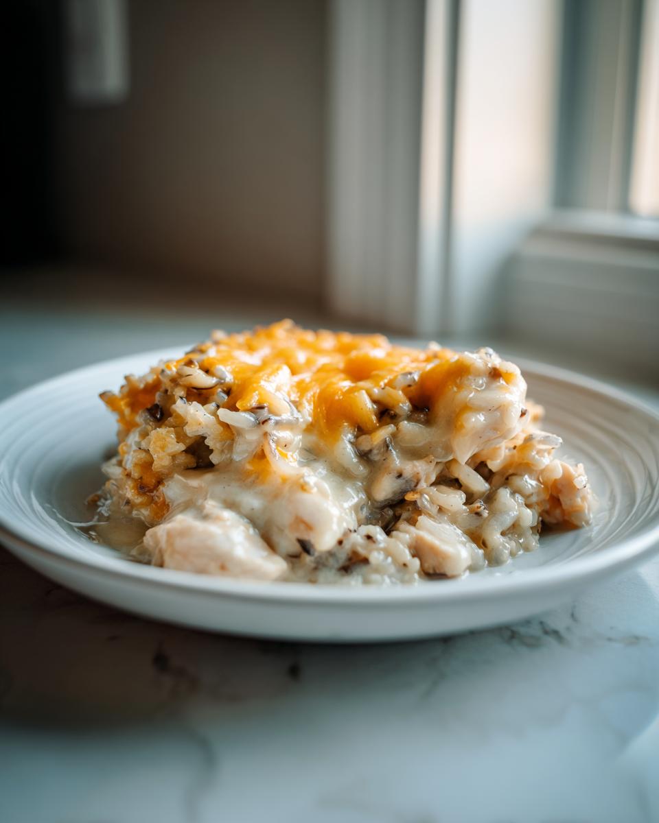 A close-up serving of creamy chicken wild rice casserole topped with melted cheddar cheese on a white plate.