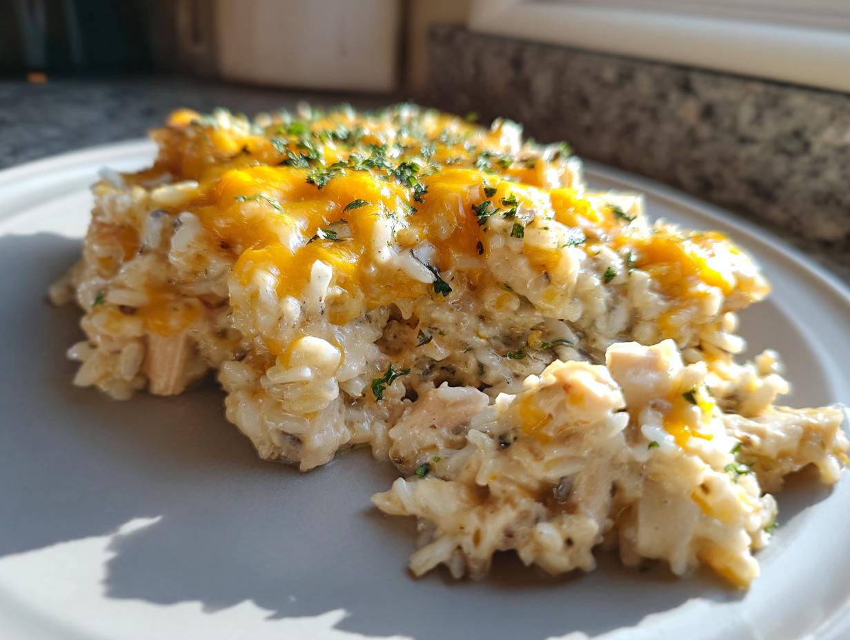A close-up serving of creamy chicken wild rice casserole topped with melted cheddar cheese and parsley.