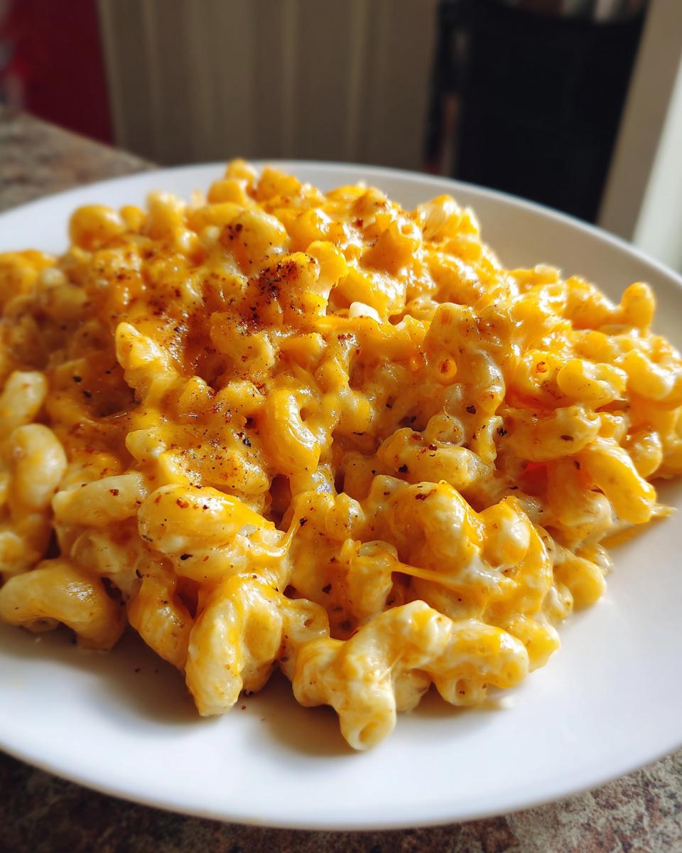 Close-up of creamy, cheesy cottage cheese mac and cheese topped with black pepper.