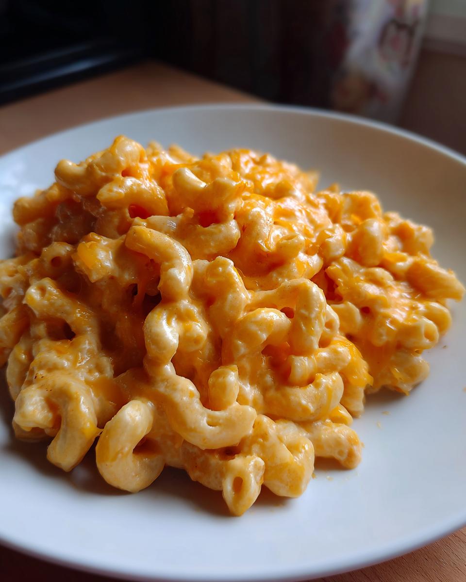 A close-up of creamy, cheesy macaroni coated in a rich sauce, representing cottage cheese mac and cheese.