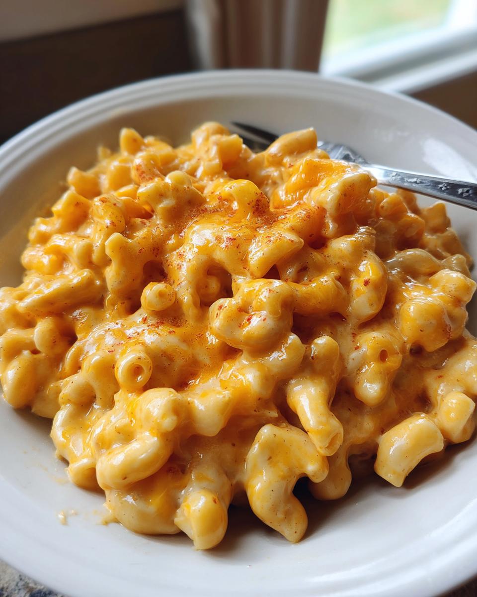 Close-up of creamy cottage cheese mac and cheese topped with paprika in a white bowl.