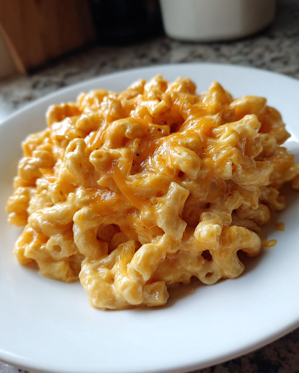 Close-up of a serving of creamy cottage cheese mac and cheese topped with melted cheddar.