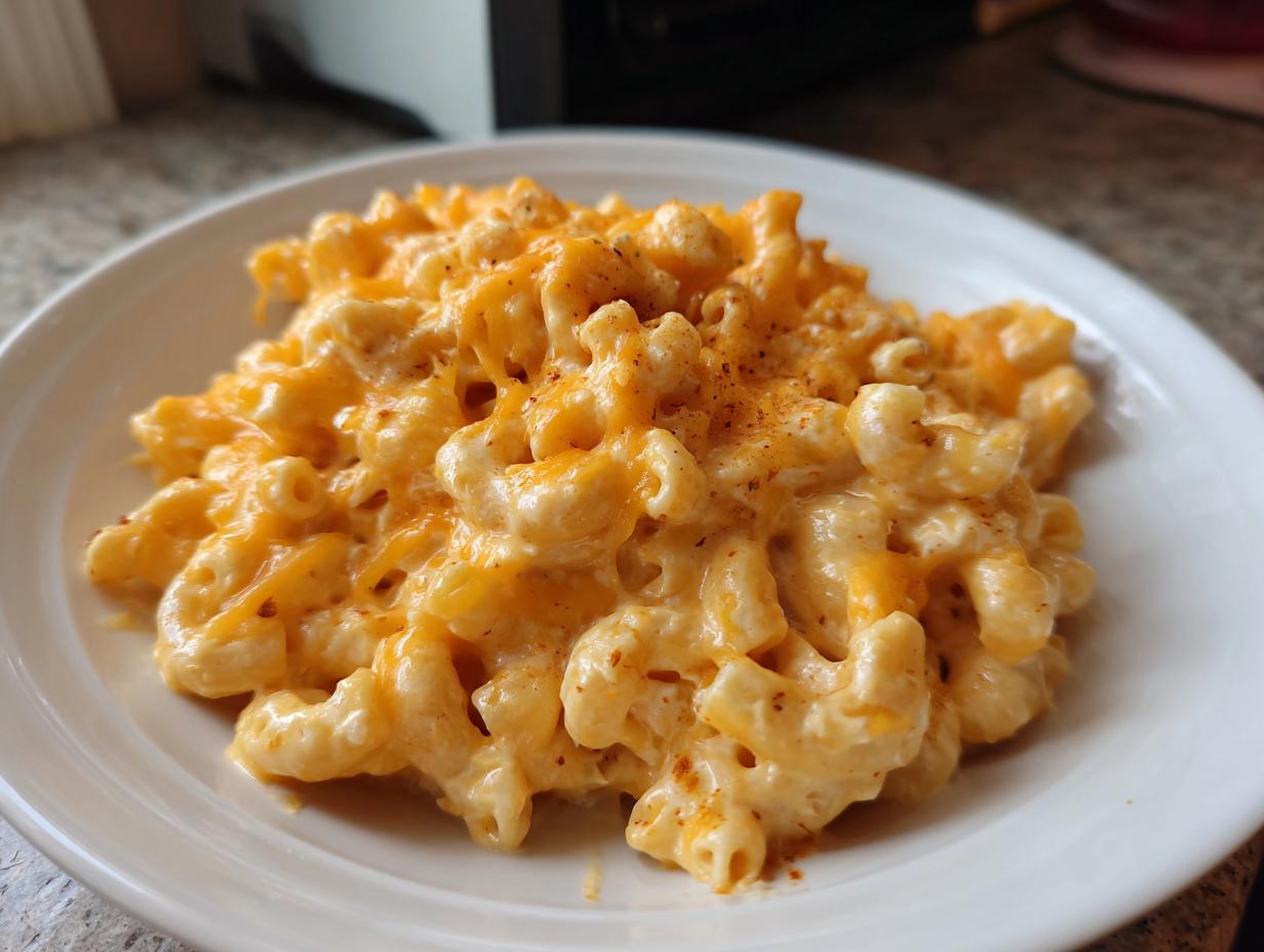A close-up of creamy, cheesy cottage cheese mac and cheese topped with shredded cheddar and a sprinkle of paprika.