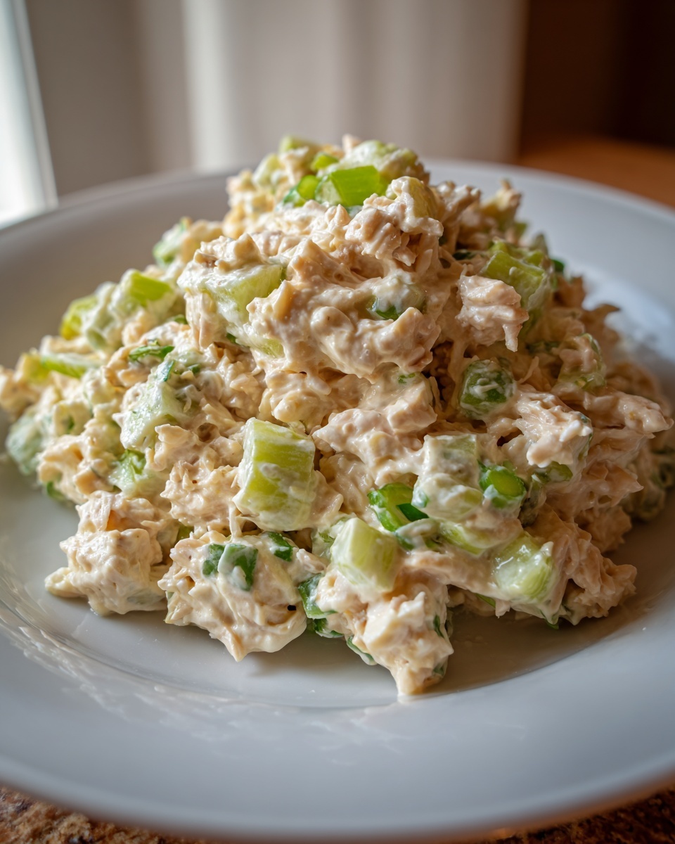 A generous scoop of creamy cottage cheese tuna salad mixed with visible chunks of celery on a white plate.