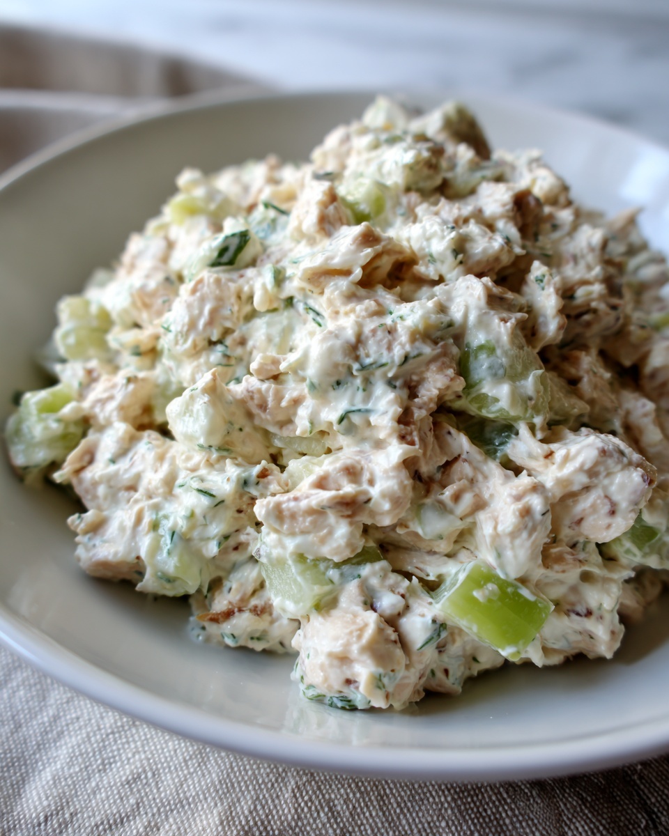 Close-up of creamy cottage cheese tuna salad mixed with celery chunks in a white bowl.