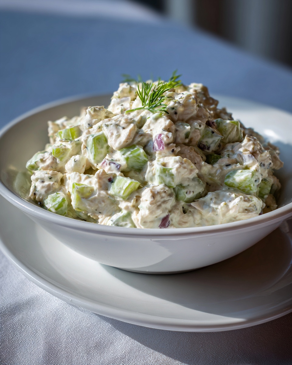 A generous serving of creamy cottage cheese tuna salad mixed with celery and red onion, garnished with dill.
