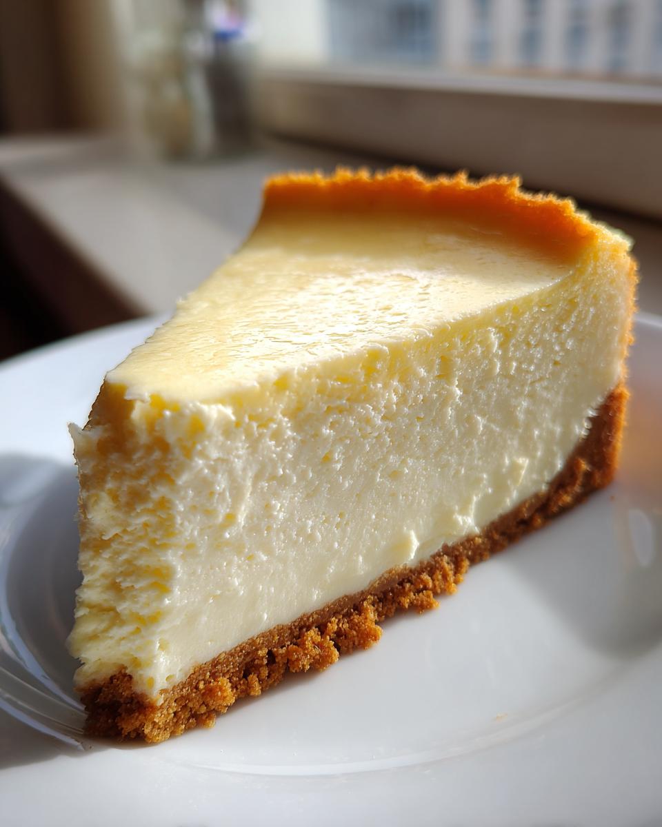 A close-up shot of a thick, creamy slice of New York cheesecake with a graham cracker crust on a white plate.