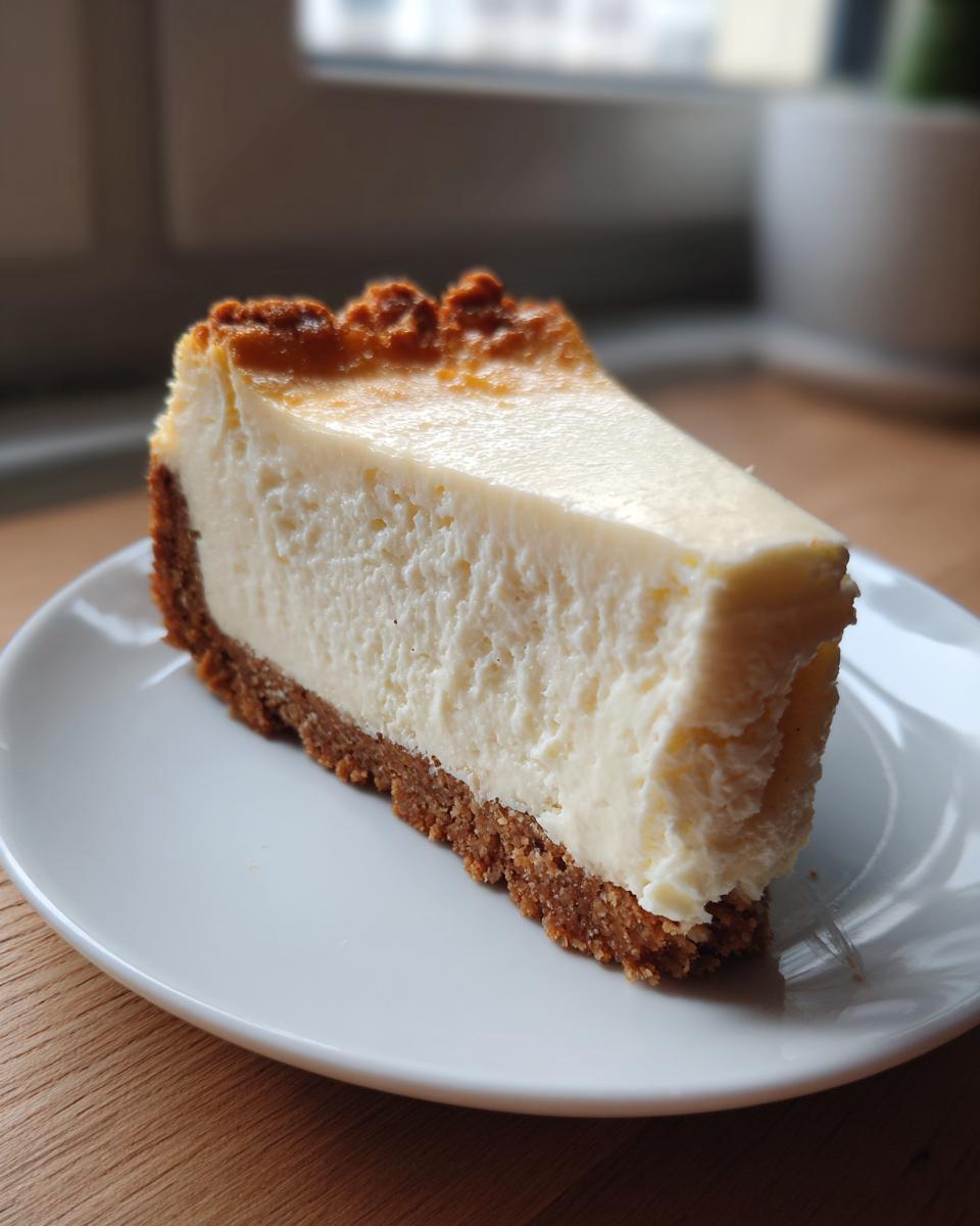 A thick, creamy slice of New York cheesecake with a golden-brown graham cracker crust on a white plate.
